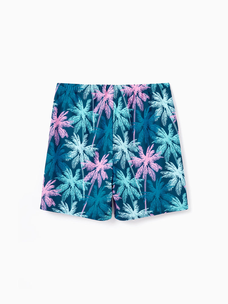 Family Matching Swimsuits Tropical Palm Tree Print, Mommy and Me Ruffle two-piece Swimsuit, Daddy and Son Swim Trunks Set, Beach Vacation Swimwear Turquoise