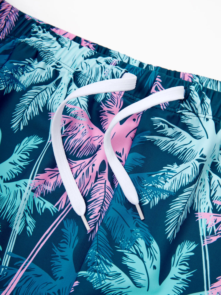 Daddy & Son Swimsuits Tropical Palm Tree Print,Daddy and Son Swim Trunks Set, Beach Vacation Swimwear Turquoise