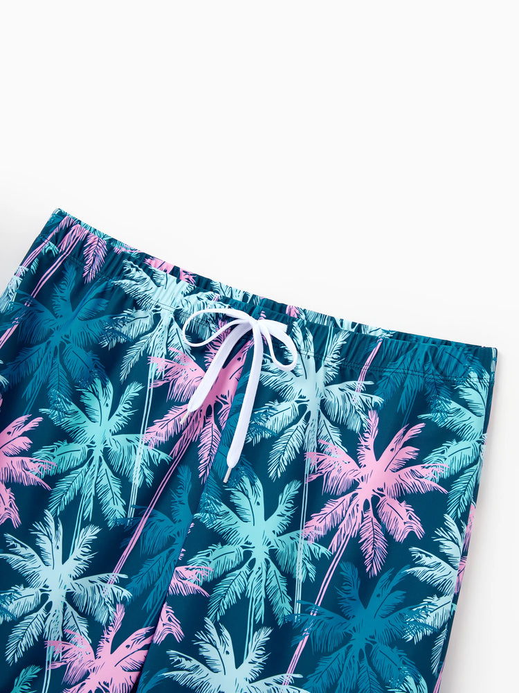 Family Matching Swimsuits Tropical Palm Tree Print, Mommy and Me Ruffle two-piece Swimsuit, Daddy and Son Swim Trunks Set, Beach Vacation Swimwear Turquoise