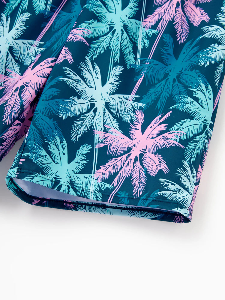 Daddy & Daughter Swimsuits Tropical Palm Tree Print, Beach Vacation Swimwear Turquoise