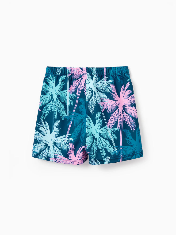 Daddy & Son Swimsuits Tropical Palm Tree Print,Daddy and Son Swim Trunks Set, Beach Vacation Swimwear Turquoise