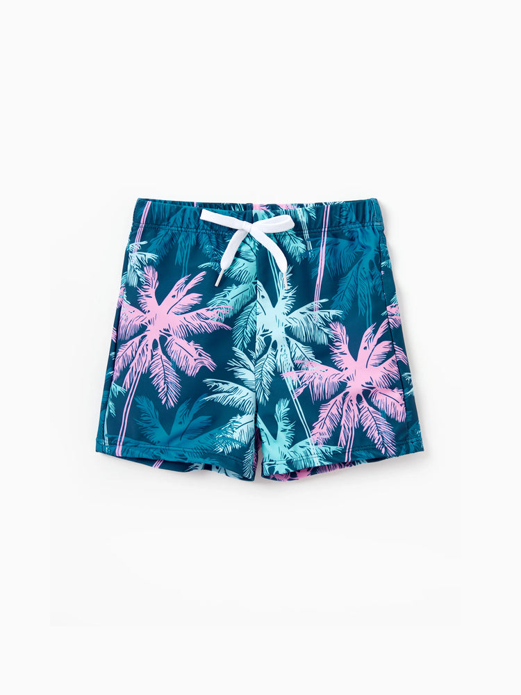 Family Matching Swimsuits Tropical Palm Tree Print, Mommy and Me Ruffle two-piece Swimsuit, Daddy and Son Swim Trunks Set, Beach Vacation Swimwear Turquoise