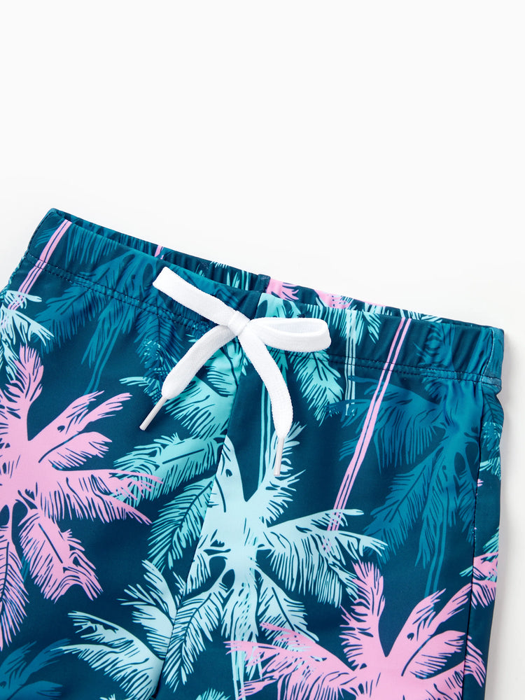 Daddy & Son Swimsuits Tropical Palm Tree Print,Daddy and Son Swim Trunks Set, Beach Vacation Swimwear Turquoise