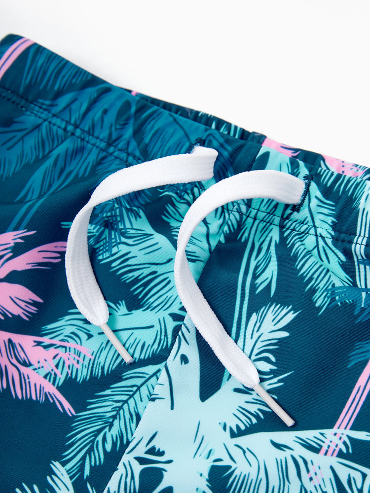 Daddy & Son Swimsuits Tropical Palm Tree Print,Daddy and Son Swim Trunks Set, Beach Vacation Swimwear Turquoise