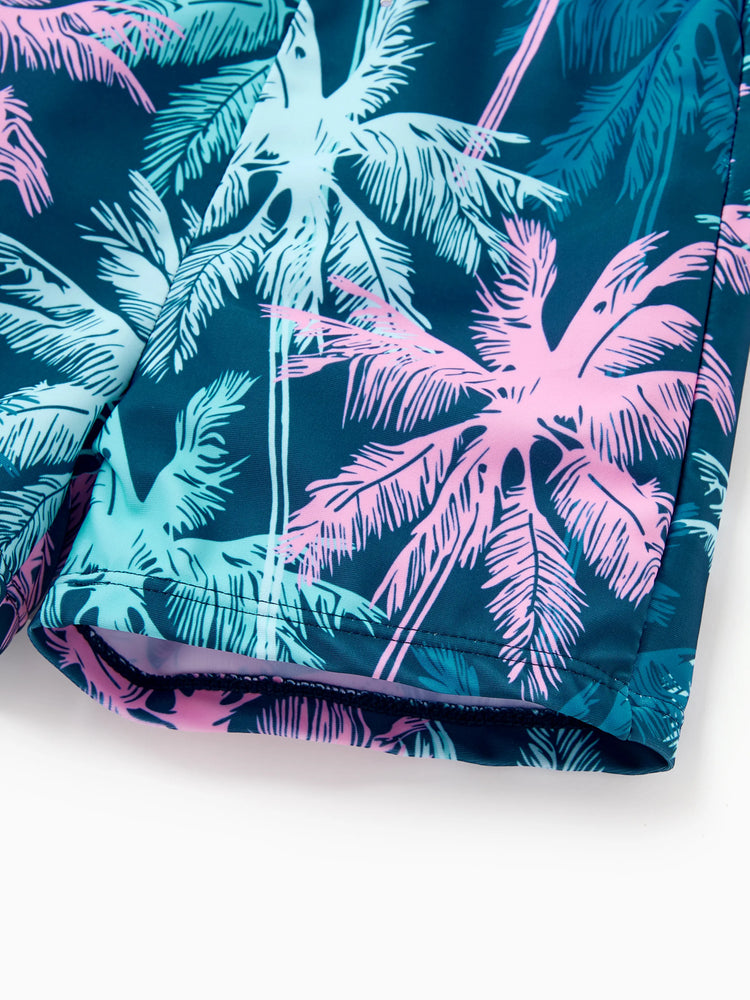 Toddler Boy Swimsuits Tropical Palm Tree Print Swim Trunks Set, Beach Vacation Swimwear Turquoise