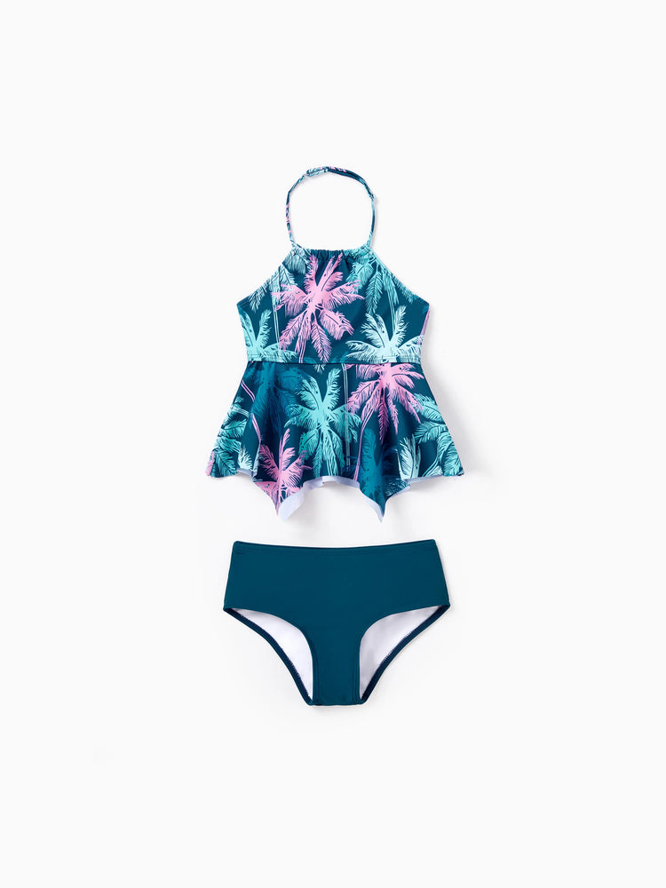 Daddy & Daughter Swimsuits Tropical Palm Tree Print, Beach Vacation Swimwear Turquoise