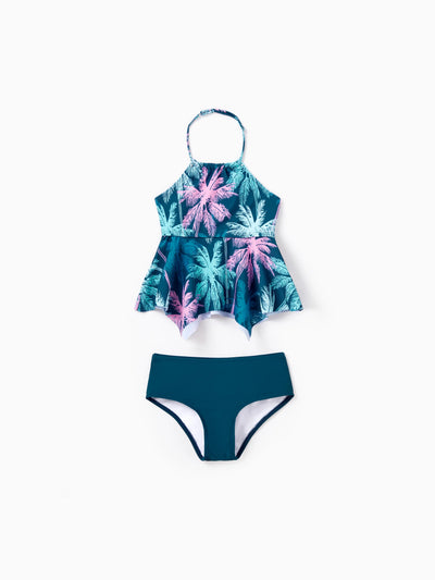 Toddler Girl Swimsuits Tropical Palm Tree Print Ruffle two-piece Swimsuit, Beach Vacation Swimwear Turquoise