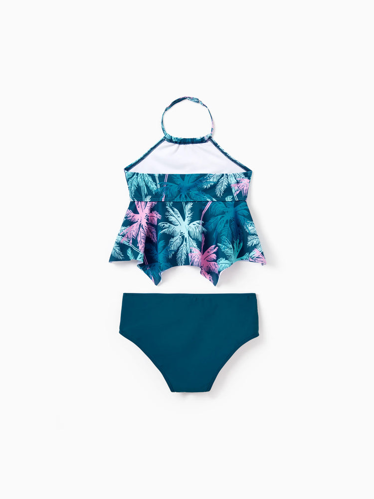 Family Matching Swimsuits Tropical Palm Tree Print, Mommy and Me Ruffle two-piece Swimsuit, Daddy and Son Swim Trunks Set, Beach Vacation Swimwear Turquoise