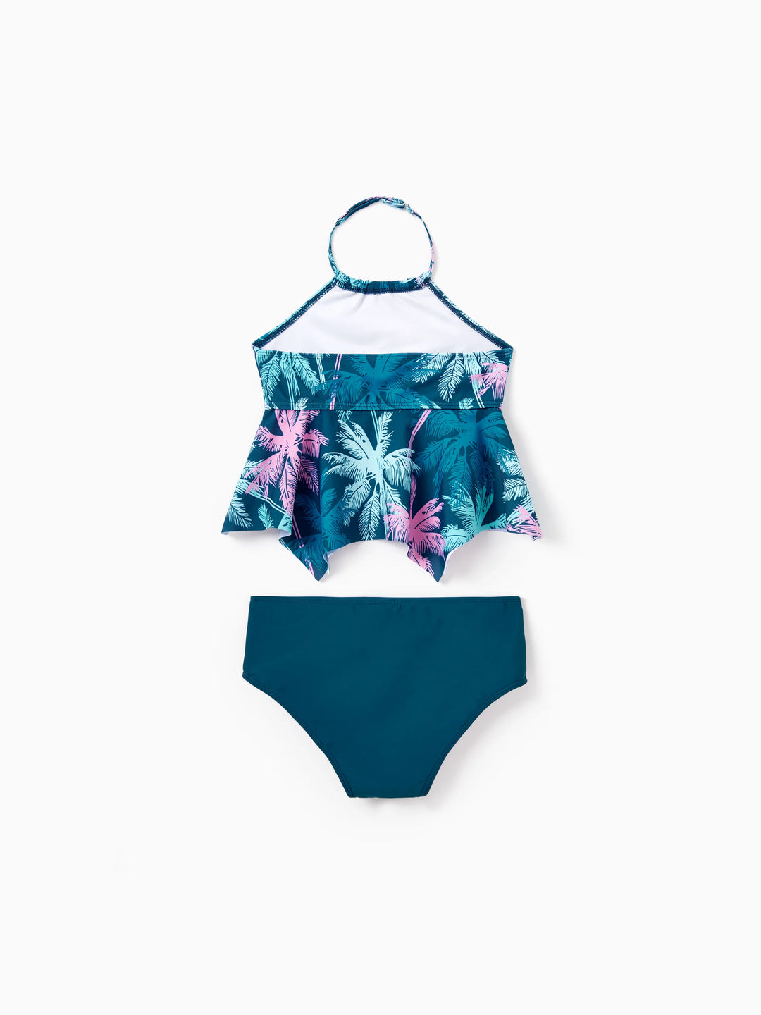 Maillot de bain deux pièces à volants avec imprimé palmiers tropicaux pour fillettes, tenue de plage turquoise