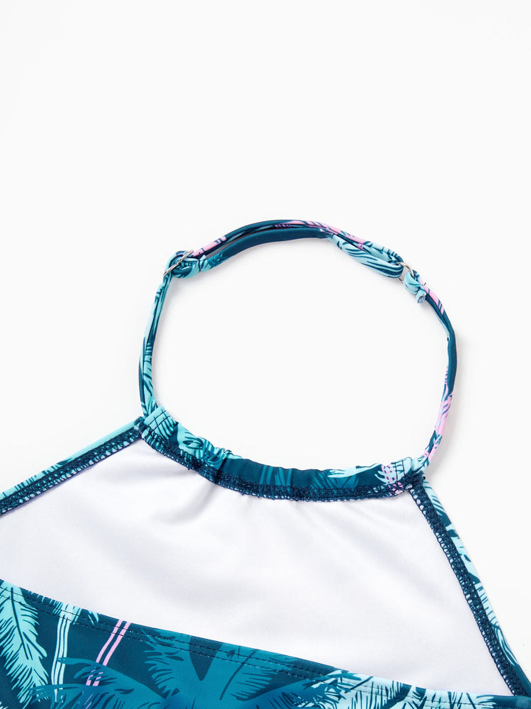 Daddy & Daughter Swimsuits Tropical Palm Tree Print, Beach Vacation Swimwear Turquoise