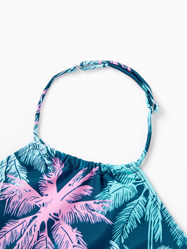 Toddler Girl Swimsuits Tropical Palm Tree Print Ruffle two-piece Swimsuit, Beach Vacation Swimwear Turquoise