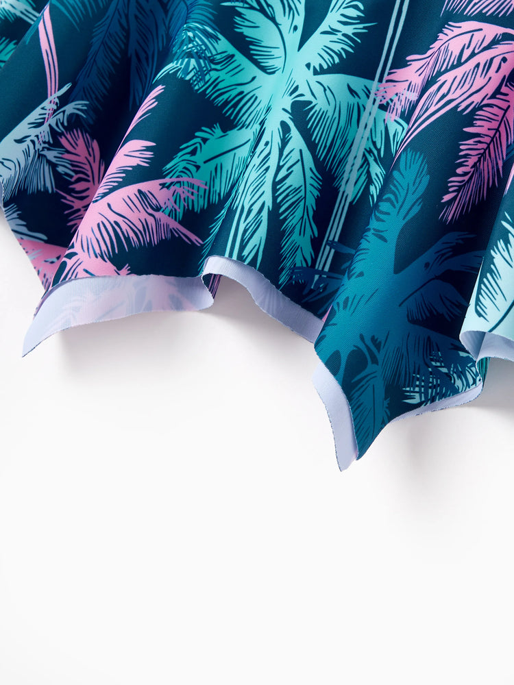 Toddler Girl Swimsuits Tropical Palm Tree Print Ruffle two-piece Swimsuit, Beach Vacation Swimwear Turquoise
