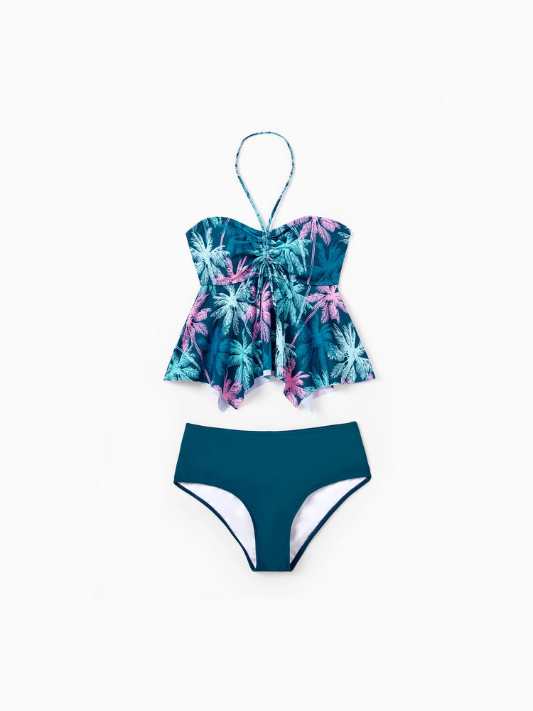 Family Matching Swimsuits Tropical Palm Tree Print, Mommy and Me Ruffle two-piece Swimsuit, Daddy and Son Swim Trunks Set, Beach Vacation Swimwear Turquoise