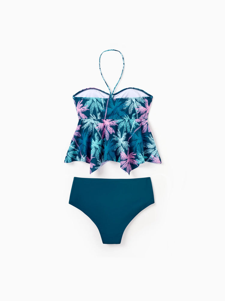 Family Matching Swimsuits Tropical Palm Tree Print, Mommy and Me Ruffle two-piece Swimsuit, Daddy and Son Swim Trunks Set, Beach Vacation Swimwear Turquoise
