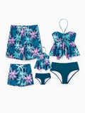 Family Matching Swimsuits Tropical Palm Tree Print, Mommy and Me Ruffle two-piece Swimsuit, Daddy and Son Swim Trunks Set, Beach Vacation Swimwear Turquoise