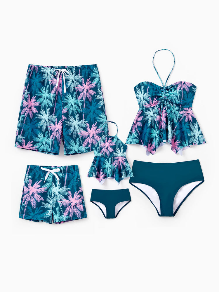 Daddy & Son Swimsuits Tropical Palm Tree Print,Daddy and Son Swim Trunks Set, Beach Vacation Swimwear Turquoise