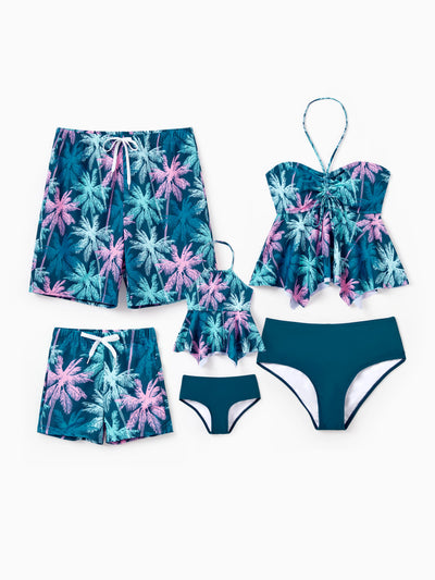 Toddler Girl Swimsuits Tropical Palm Tree Print Ruffle two-piece Swimsuit, Beach Vacation Swimwear Turquoise