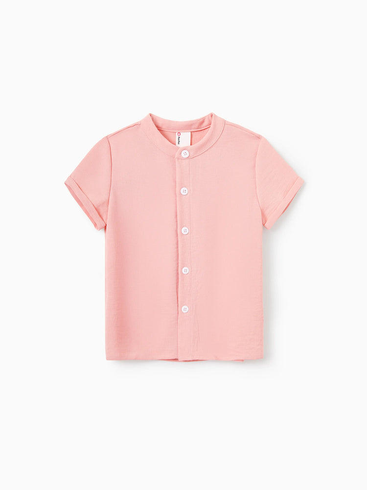 Family Matching Pink Outfits Flower Print Smocked Tie-Back Cotton Dress for Mom & Daughter, Solid Shirts for Dad & Son, Perfect for Summer Family Outings & Photos Mauve Pink