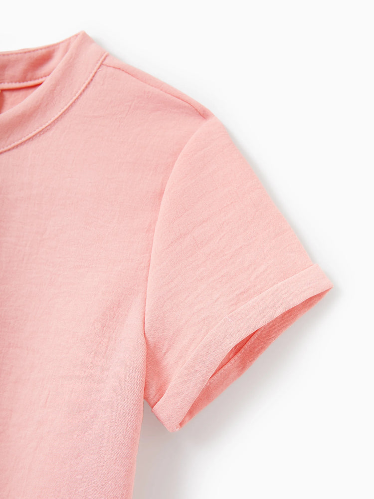 Family Matching Pink Outfits Flower Print Smocked Tie-Back Cotton Dress for Mom & Daughter, Solid Shirts for Dad & Son, Perfect for Summer Family Outings & Photos Mauve Pink