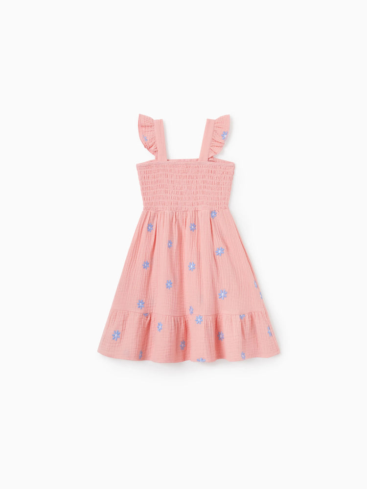 Family Matching Pink Outfits Flower Print Smocked Tie-Back Cotton Dress for Mom & Daughter, Solid Shirts for Dad & Son, Perfect for Summer Family Outings & Photos Mauve Pink