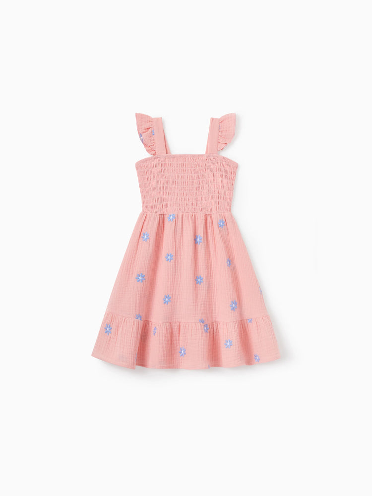 Toddler/Kid Girl Pink Flower Print Smocked Tie-Back Cotton Dress, Perfect for Summer Family Outings & Photos Mauve Pink