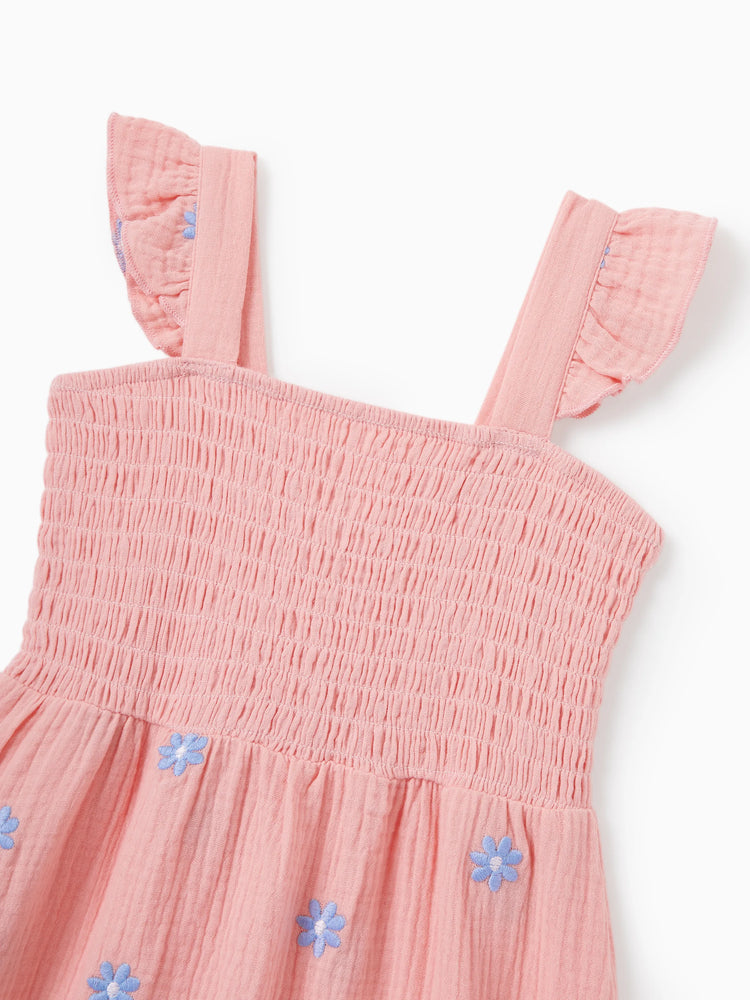 Toddler/Kid Girl Pink Flower Print Smocked Tie-Back Cotton Dress, Perfect for Summer Family Outings & Photos Mauve Pink