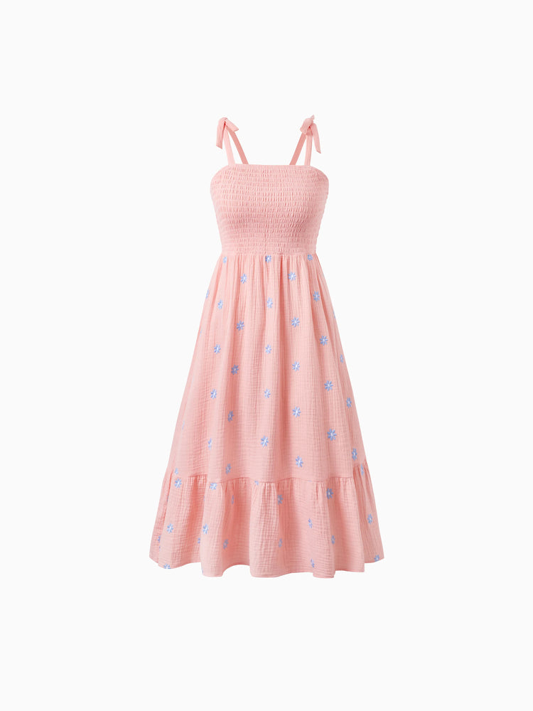 Family Matching Pink Outfits Flower Print Smocked Tie-Back Cotton Dress for Mom & Daughter, Solid Shirts for Dad & Son, Perfect for Summer Family Outings & Photos Mauve Pink