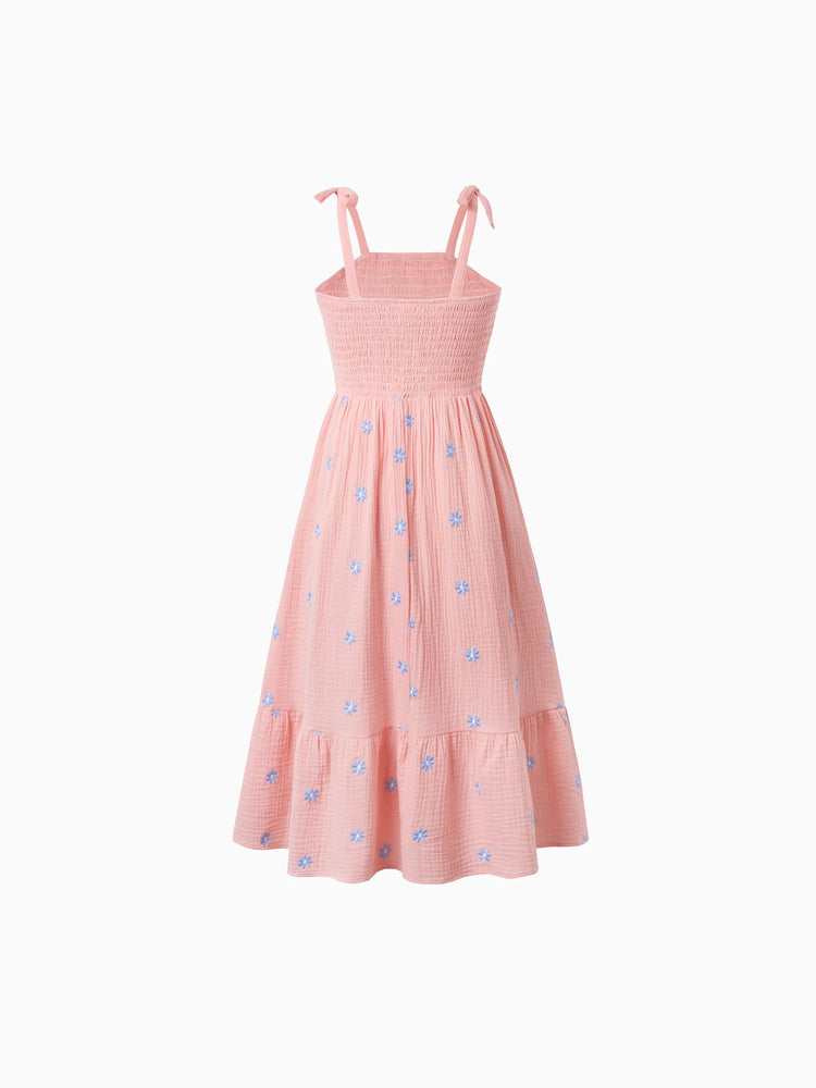 Family Matching Pink Outfits Flower Print Smocked Tie-Back Cotton Dress for Mom & Daughter, Solid Shirts for Dad & Son, Perfect for Summer Family Outings & Photos Mauve Pink