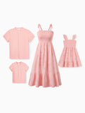 Family Matching Pink Outfits Flower Print Smocked Tie-Back Cotton Dress for Mom & Daughter, Solid Shirts for Dad & Son, Perfect for Summer Family Outings & Photos Mauve Pink