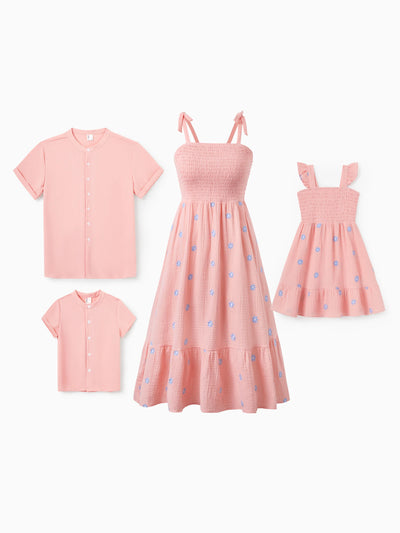 Family Matching Pink Outfits Flower Print Smocked Tie-Back Cotton Dress for Mom & Daughter, Solid Shirts for Dad & Son, Perfect for Summer Family Outings & Photos Mauve Pink