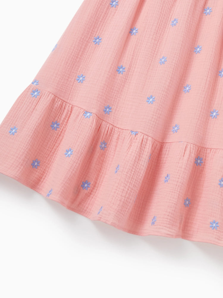 Family Matching Pink Outfits Flower Print Smocked Tie-Back Cotton Dress for Mom & Daughter, Solid Shirts for Dad & Son, Perfect for Summer Family Outings & Photos Mauve Pink