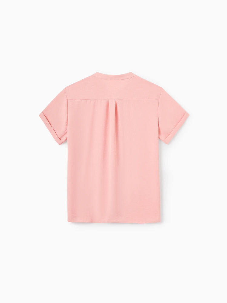 Family Matching Pink Outfits Flower Print Smocked Tie-Back Cotton Dress for Mom & Daughter, Solid Shirts for Dad & Son, Perfect for Summer Family Outings & Photos Mauve Pink