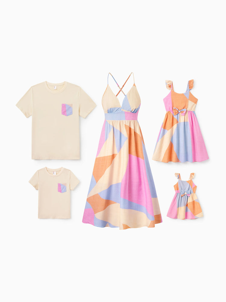 Mommy & me Outfits Set Colorblock Sleeveless Strappy Dress or Short-sleeve T-shirt Multi-color
