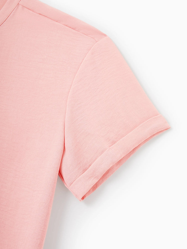 Family Matching Pink Outfits Flower Print Smocked Tie-Back Cotton Dress for Mom & Daughter, Solid Shirts for Dad & Son, Perfect for Summer Family Outings & Photos Mauve Pink