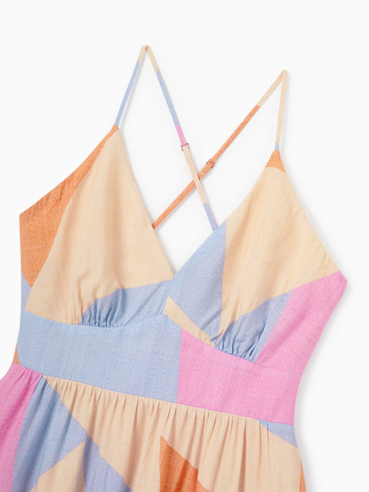 Family Matching Outfits Set Colorblock Sleeveless Strappy Dress or Short-sleeve T-shirt Multi-color