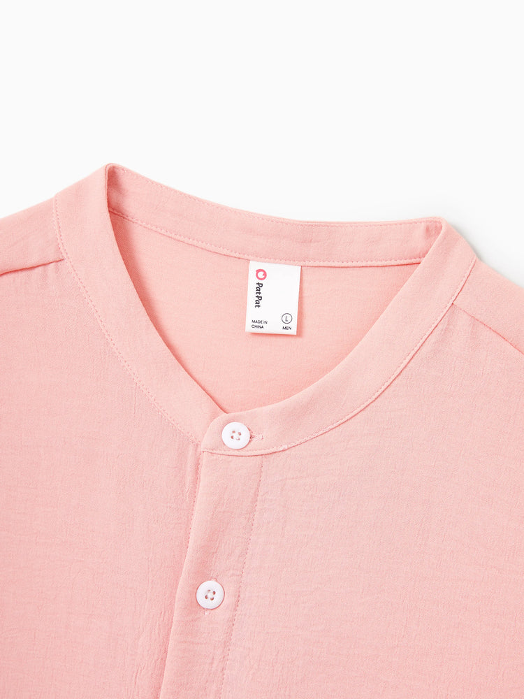 Family Matching Pink Outfits Flower Print Smocked Tie-Back Cotton Dress for Mom & Daughter, Solid Shirts for Dad & Son, Perfect for Summer Family Outings & Photos Mauve Pink