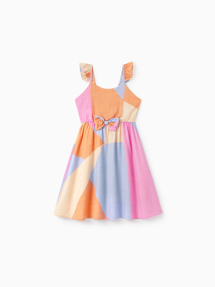 Mommy & me Outfits Set Colorblock Sleeveless Strappy Dress or Short-sleeve T-shirt Multi-color