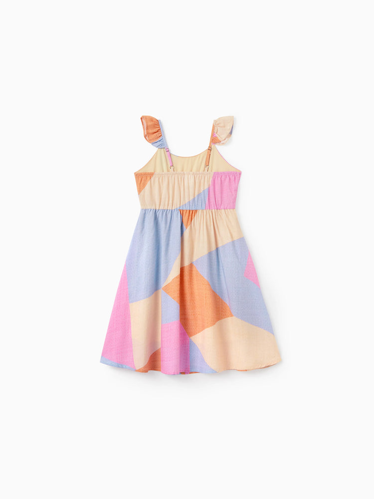Family Matching Outfits Set Colorblock Sleeveless Strappy Dress or Short-sleeve T-shirt Multi-color