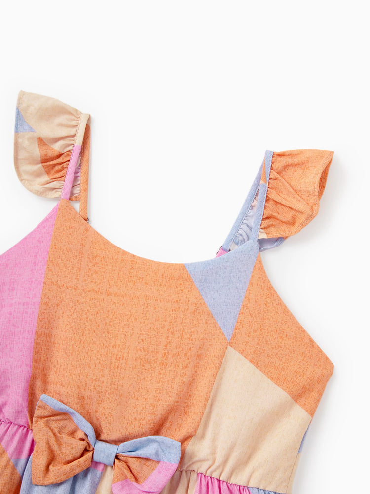 Family Matching Outfits Set Colorblock Sleeveless Strappy Dress or Short-sleeve T-shirt Multi-color