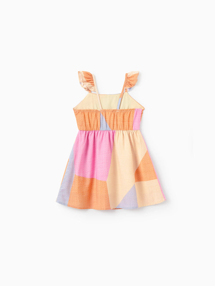 Family Matching Outfits Set Colorblock Sleeveless Strappy Dress or Short-sleeve T-shirt Multi-color