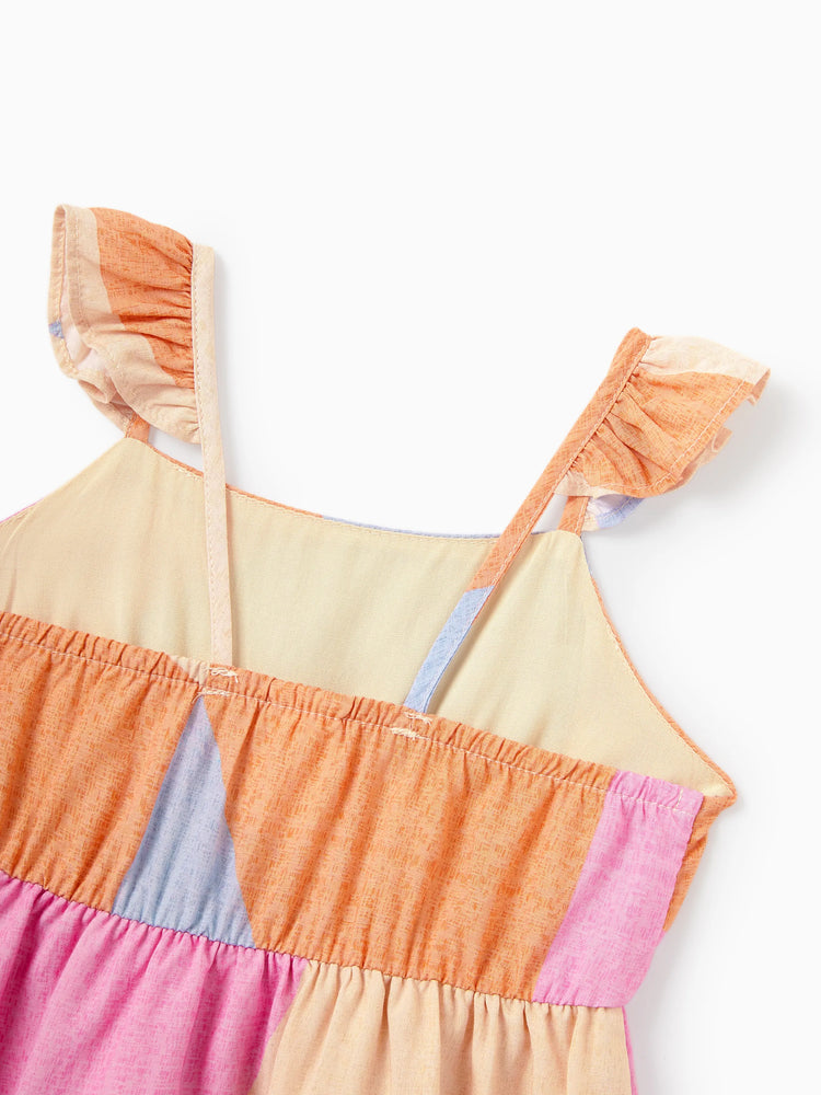 Family Matching Outfits Set Colorblock Sleeveless Strappy Dress or Short-sleeve T-shirt Multi-color