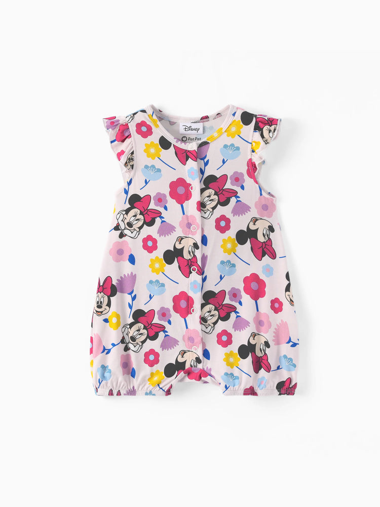 Disney Mickey and Friends Baby Girl 2pcs Minnie Bamboo Ruffled Allover Print Romper Hot Pink