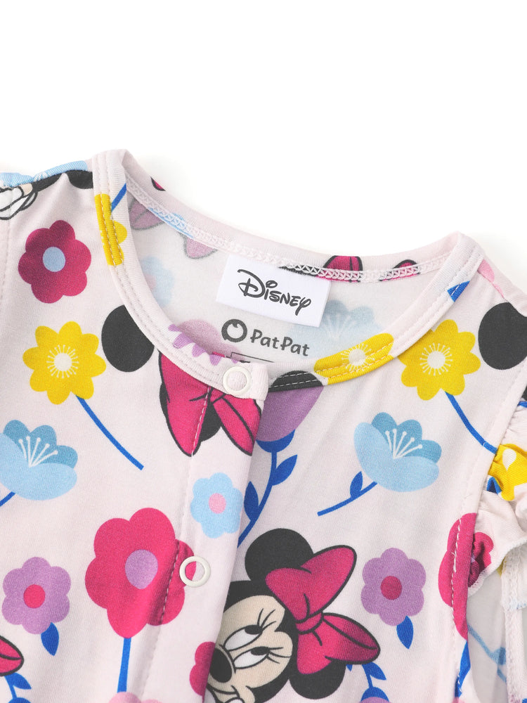 Disney Mickey and Friends Baby Girl 2pcs Minnie Bamboo Ruffled Allover Print Romper Hot Pink