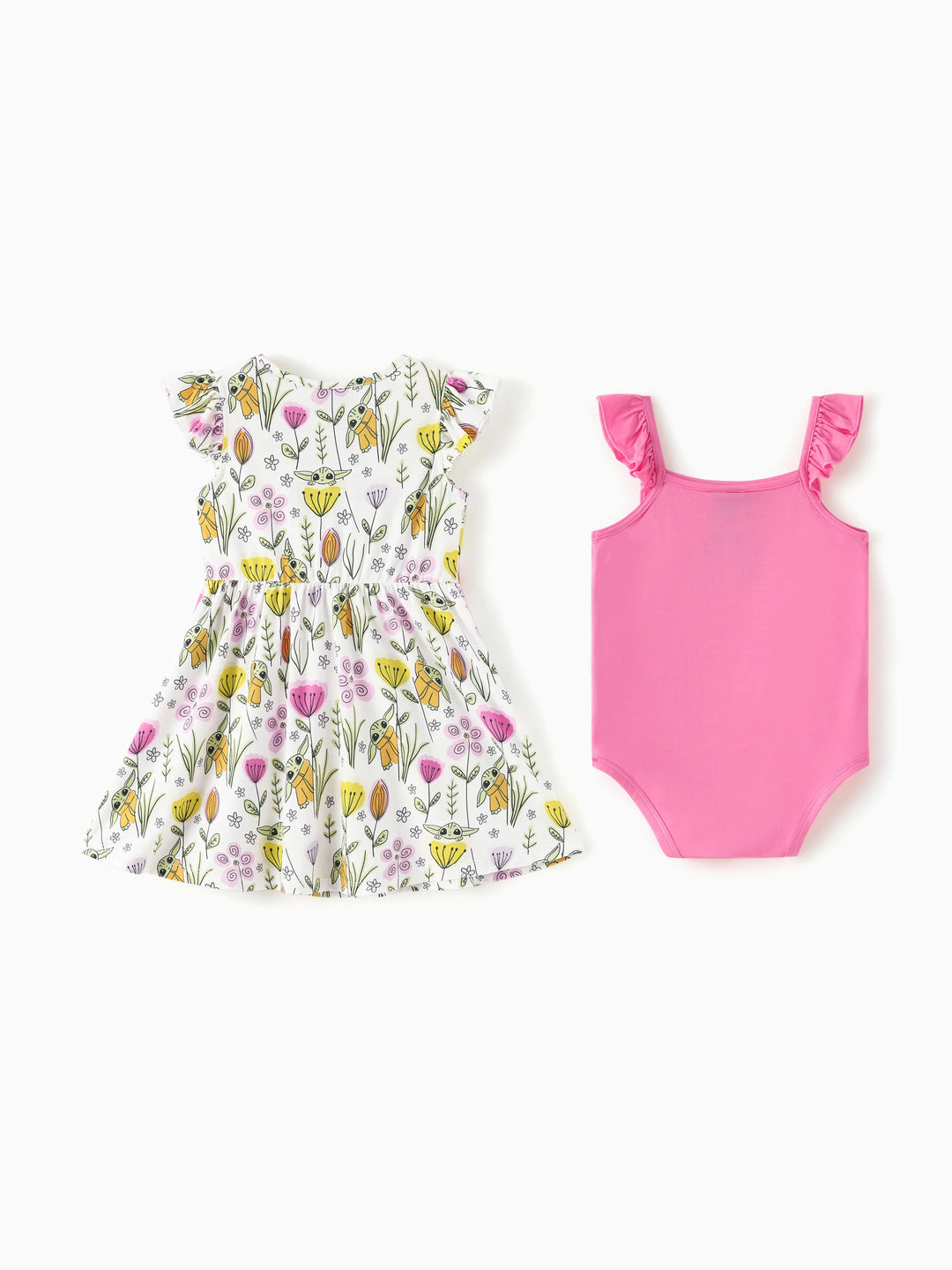 Star Wars Baby Girl Grogu Smocked Bodice Allover Print Dress/Bodysuit Hot Pink