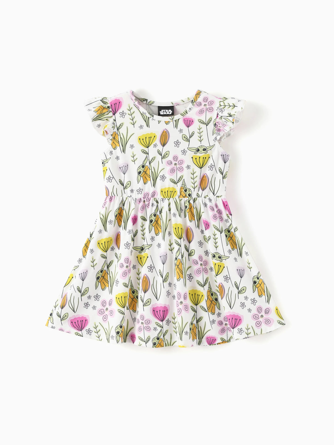 Star Wars Baby Girl Grogu Smocked Bodice Allover Print Dress/Bodysuit Hot Pink