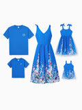 Family Matching Outfits Set Floral Sleeveless Dress or Short-sleeve T-shirt Blue