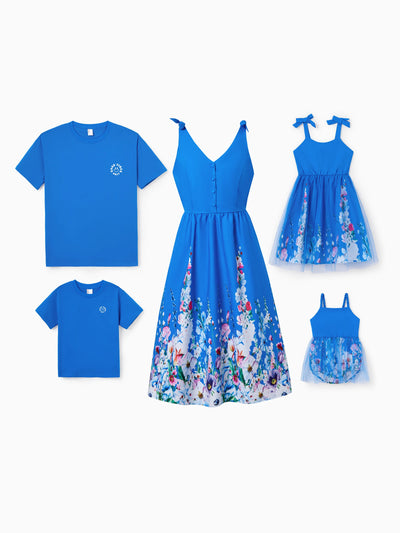 Family Matching Outfits Set Floral Sleeveless Dress or Short-sleeve T-shirt Blue