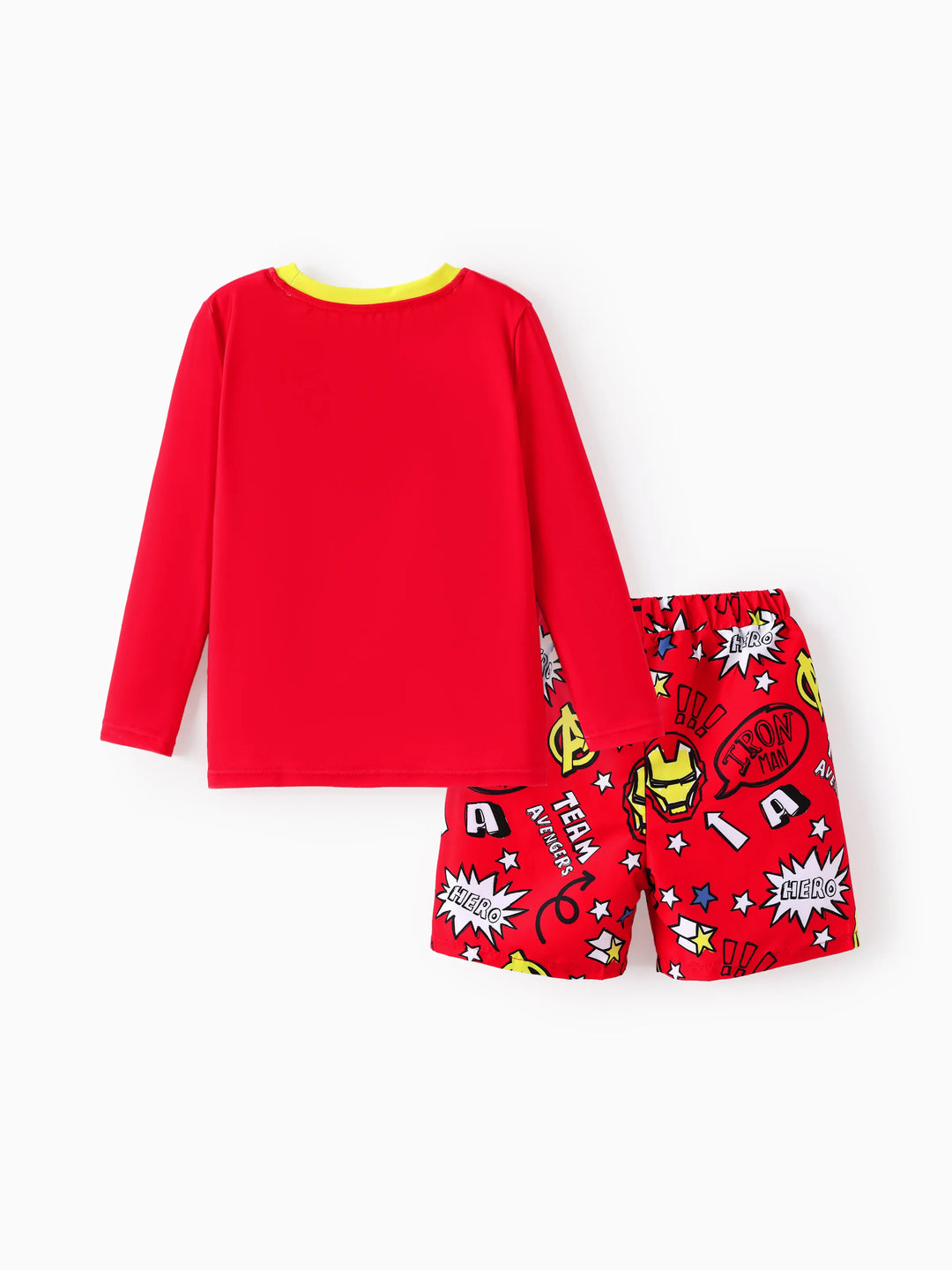 Marvel Kleinkind-/Jungen-2-teiliges Iron Man UPF50+ Bade-Set mit Allover-Print – Oberteil und Badehose in Rot.
