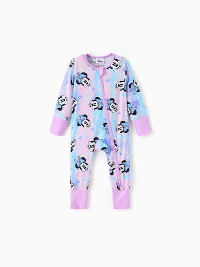 Disney Mickey and Friends Bamboo Baby Girl  Minnie Printed 2-Way Zipper Anti Slip Long-sleeve Footie Pink purple