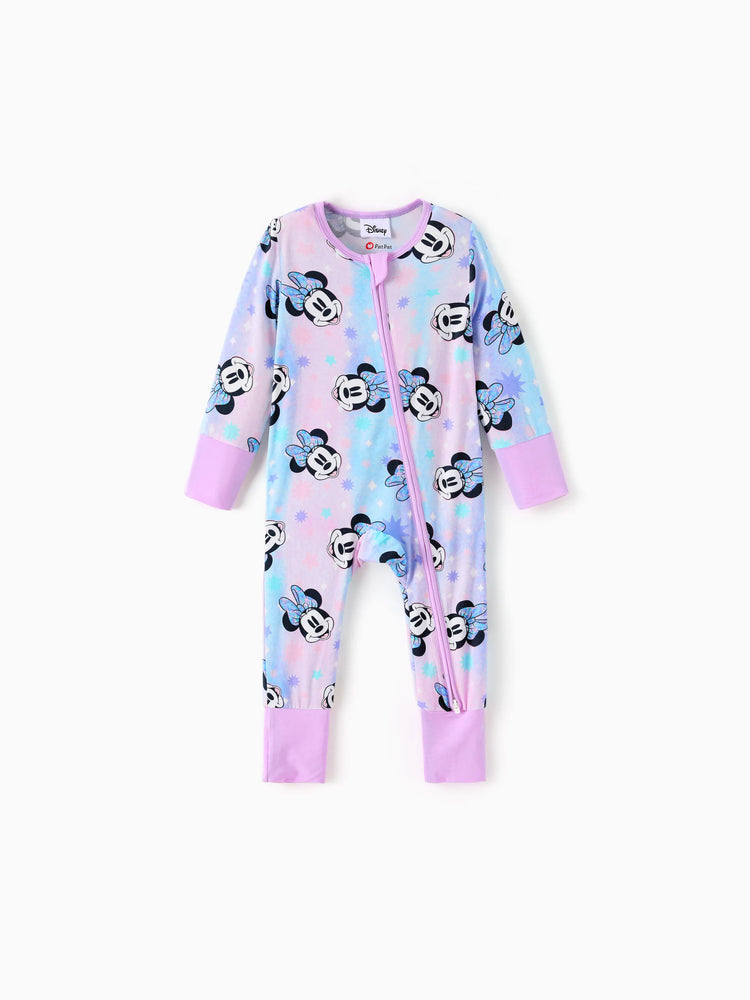 Disney Mickey and Friends Bamboo Baby Girl  Minnie Printed 2-Way Zipper Anti Slip Long-sleeve Footie Pink purple